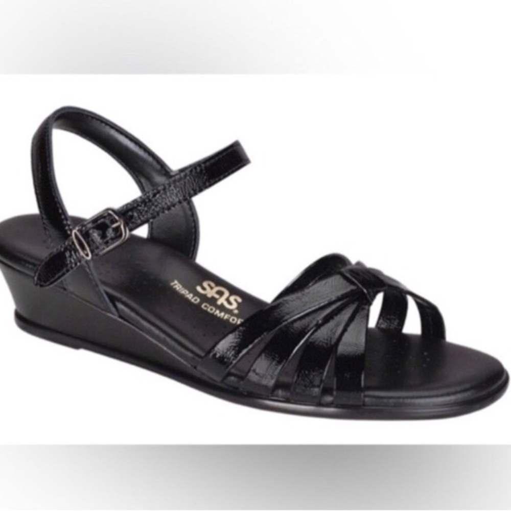 SAS Black Patent Leather Strappy Wedge Sandal 7.5